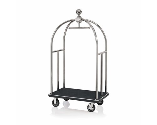 M & T  Bird cage luggage trolley shiny stainless steel with black carpet