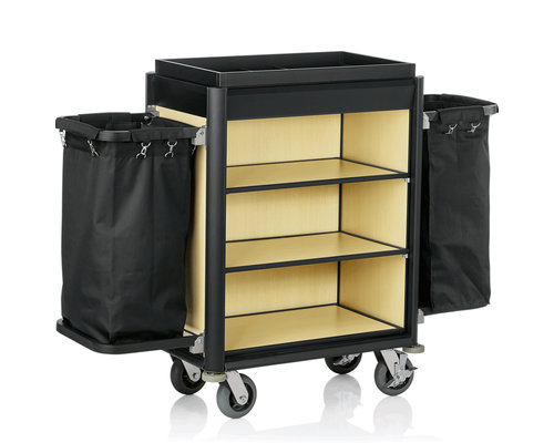 M & T  Roommaid - housekeeping trolley black aluminium frame with MDF light wooden look