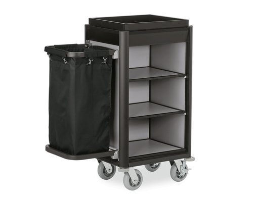 M&T Roommaid - housekeeping trolley  black aluminium frame with MDF aluminium look