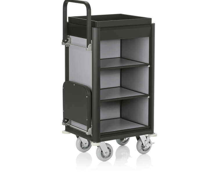 M&T Roommaid - housekeeping trolley  black aluminium frame with MDF aluminium look