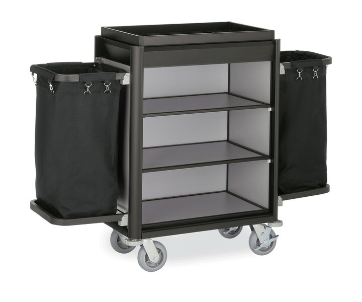 M&T Roommaid - housekeeping trolley black aluminium frame with MDF aluminium  look