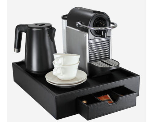 M & T  Dienblad met lade,  zwart PU om Nespresso machine op te plaatsen