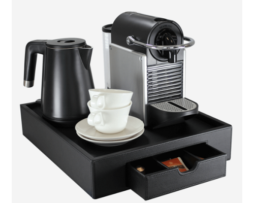 M&T Plateau à tiroir en simili cuir noir pour poser une machine Nespresso