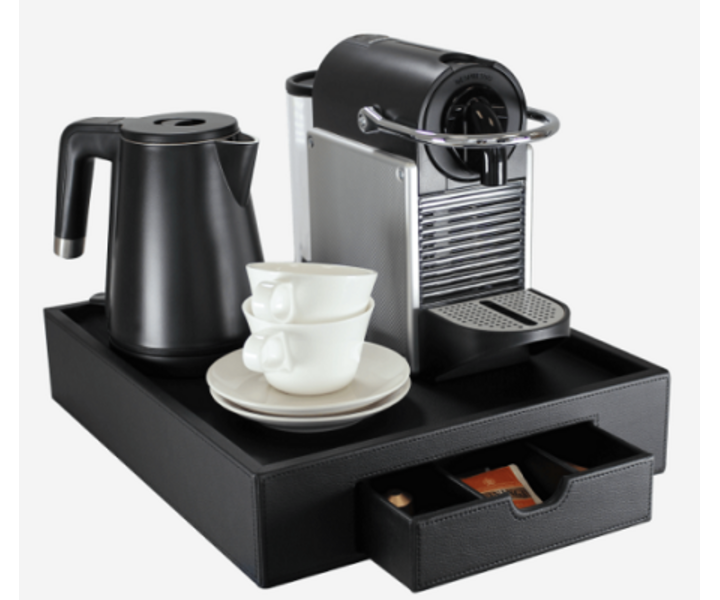 M&T Dienblad met lade,  zwart PU om Nespresso machine op te plaatsen