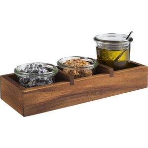 M & T  Porte condiments en bois, 3 pots en verre inclus