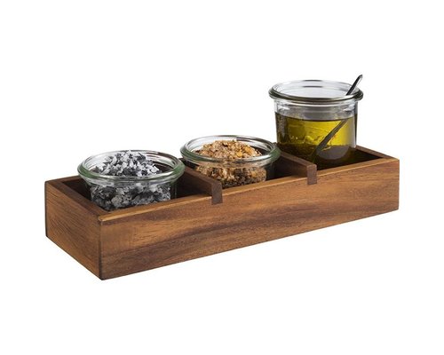 M & T  Porte condiments en bois, 3 pots en verre inclus