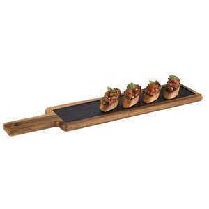 M & T  Planche à servir en bois acacia  43 x 12 x h 2 cm avec plateau en ardoise naturel ensemble de 2 pièces