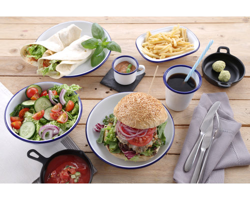 M&T Beker 50 cl wit geëmalleerd staal met blauwe boord