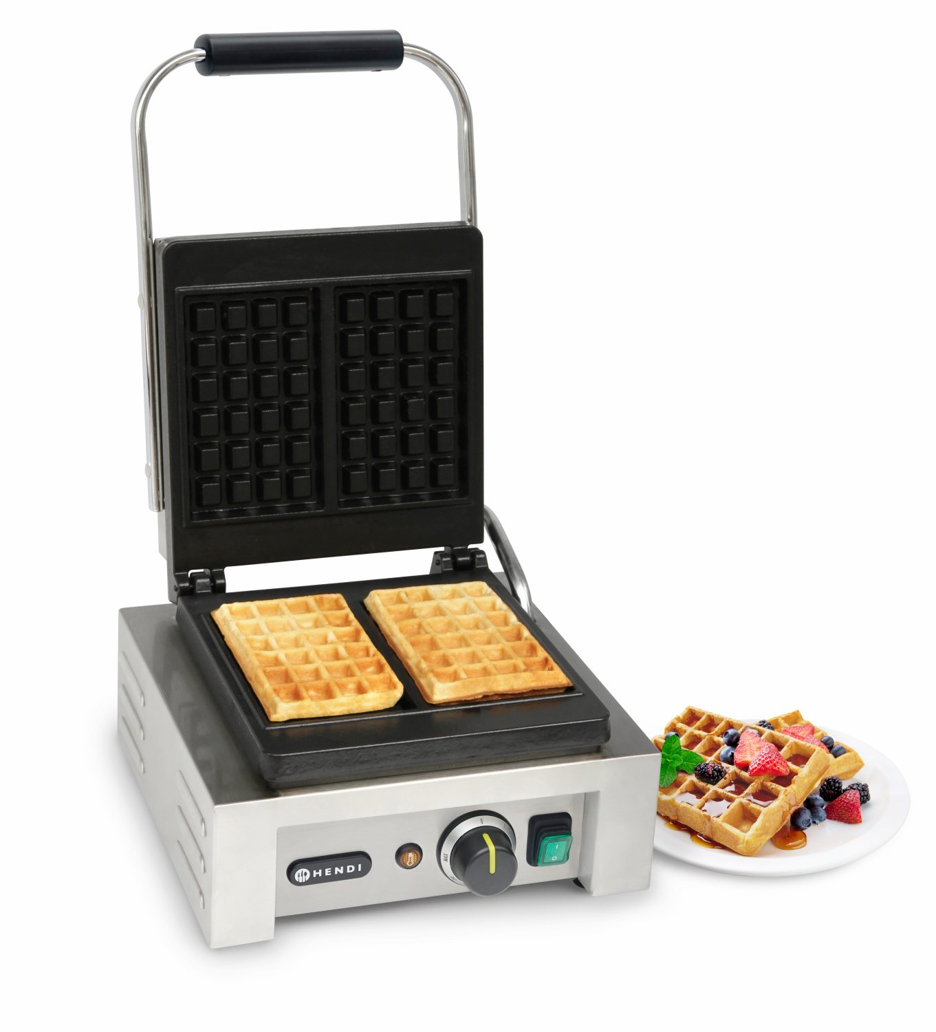 MPM MGO-36M Professioneel wafelijzer voor 4 dikke Belgische wafels, temperatuurregelaar, anti-aanbakplaten, roestvrijstalen behuizing, 1200 W