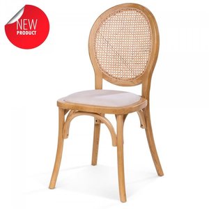 M & T  Chair ratten wood stackable with cream velvet seat " Guillaume "