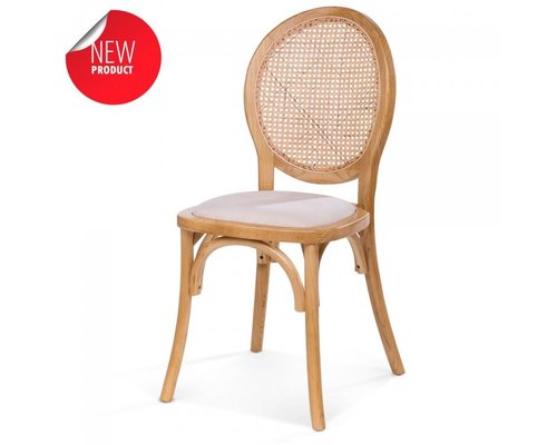 M & T  Chair ratten wood stackable with cream velvet seat " Guillaume "