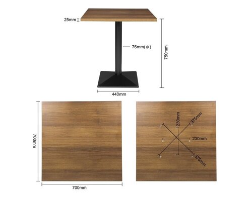 M&T Vierkante tafel 70 x 70 cm inclusief zwaar zwart gepoedercoat onderstel