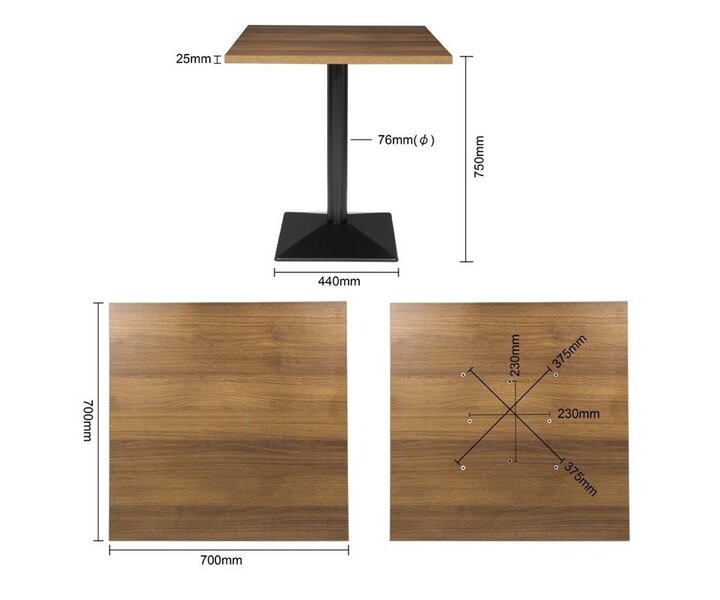 M&T Vierkante tafel 70 x 70 cm inclusief zwaar zwart gepoedercoat onderstel