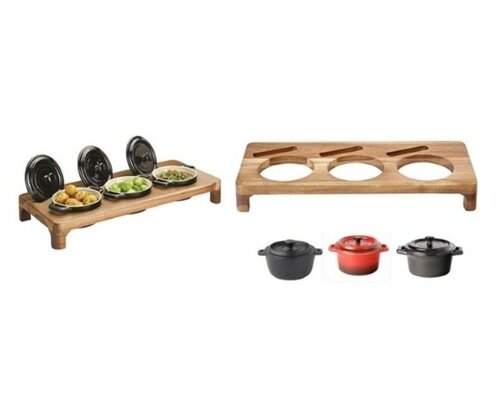 LAVA CAST IRON Stand hout inclusief 3 gietijzeren mini cocottes Ø 10 cm inhoud 35 cl