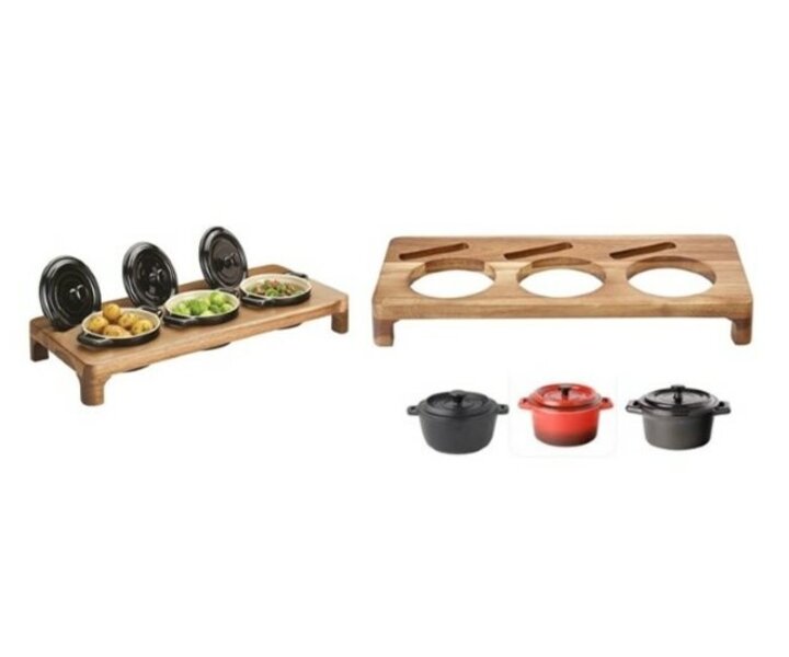 LAVA CAST IRON Support en bois avec 3 cocottes en fonte Ø 10 cm contenance 35 cl