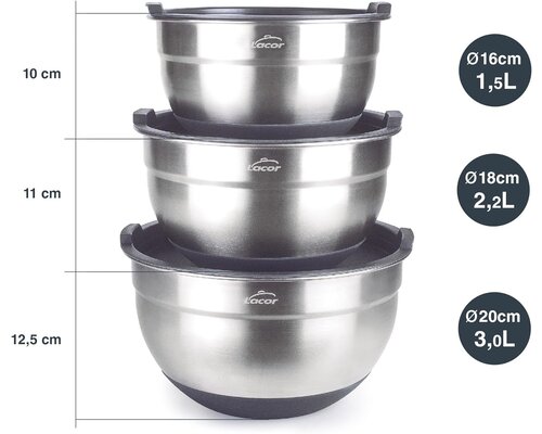 LACOR Ensemble de 3 pcs de bol de cuisine avec couvercle