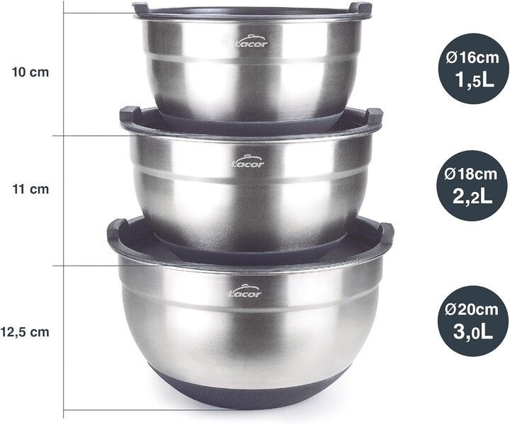 LACOR Ensemble de 3 pcs de bol de cuisine avec couvercle