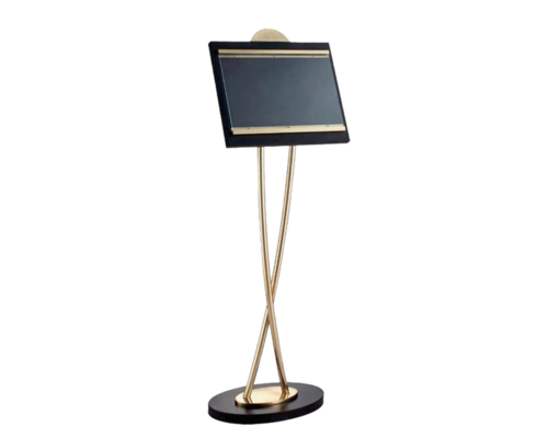 M & T  Menu stand DIN A3 with built-in base. Black / Gold brass