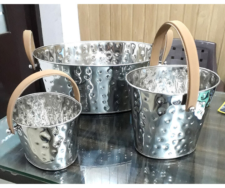 M&T Seau à vin & champagne XXL en inox martelé avec anses en simili cuir brun