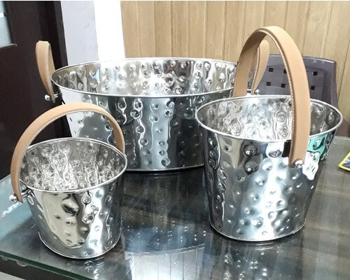 M&T Seau à vin & champagne en inox martelé avec anses en simili cuir brun