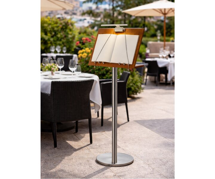 Menu stand with lamp
