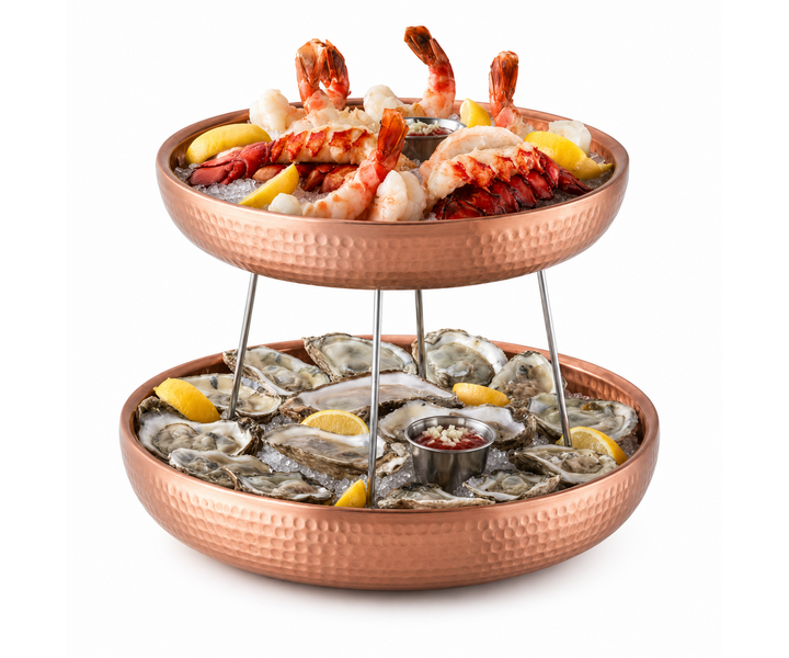M&T Seafood presentation with 2 double walled copper seafood trays set 3 pieces
