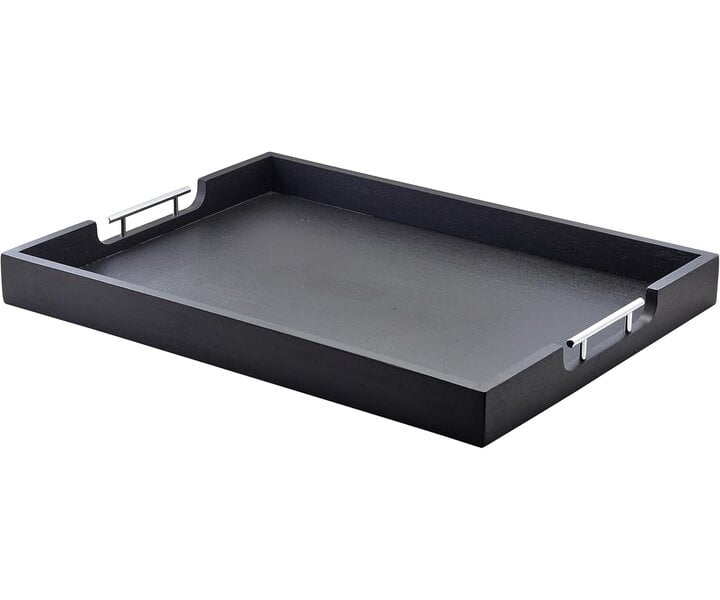 M&T Butler dienblad 54,5 x 44,5 x h 6 cm  zwart acacia hout met metalen handvaten