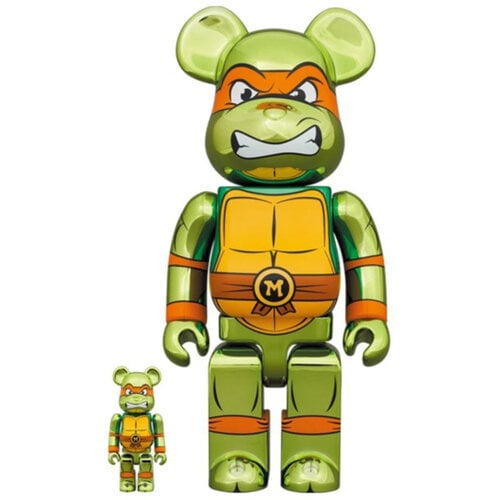 Medicom Toy 400% & 100% Bearbrick Set - Michelangelo Chrome (Teenage Mutant Ninja Turtles)