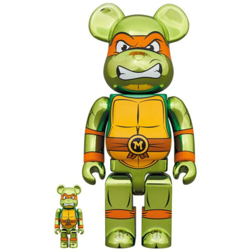 Medicom Toy 400% & 100% Bearbrick Set - Michelangelo Chrome (Teenage Mutant Ninja Turtles)