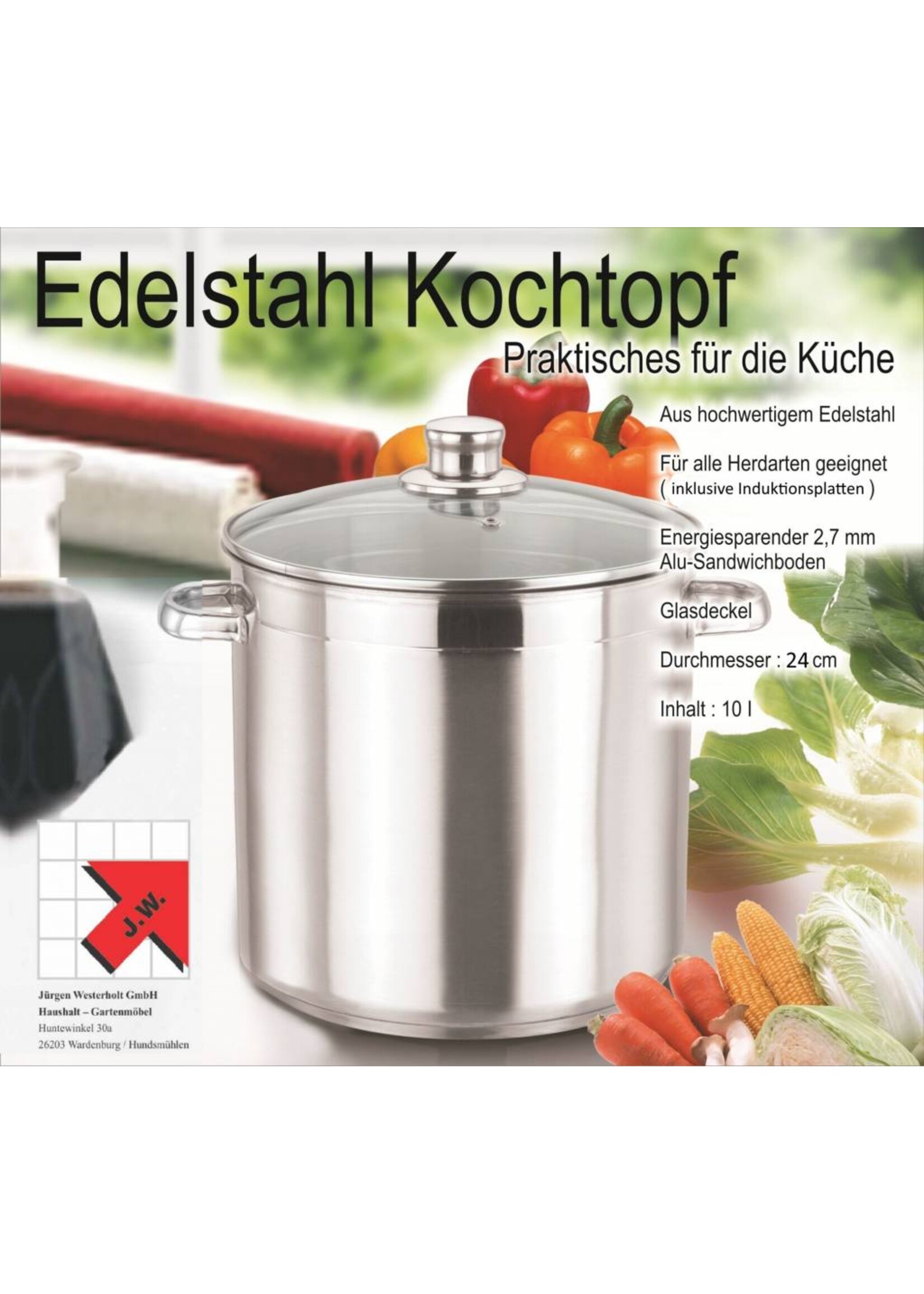 Edelstahl Universal Kochtopf Topf 10Ltr. Glasdeckel und Dampfabzug 1120