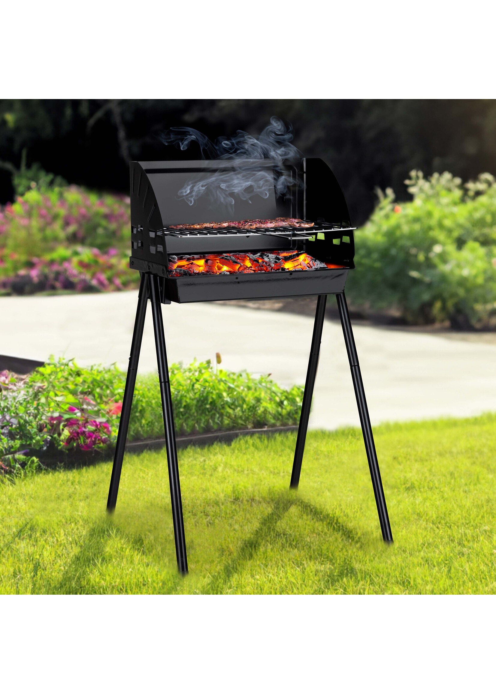 Grill Standgrill Holzkohlegrill mit Windschutz 64256