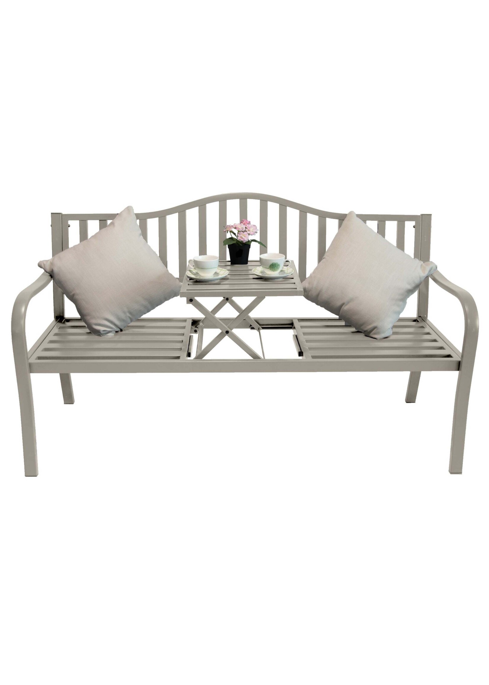 Gartenbank Bank aus Metall taupe mit integriertem Tisch 150cm 2466-01