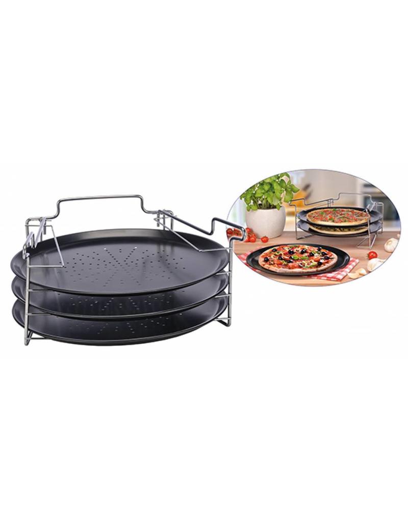 Pizzabackset 3 Pizzableche Pizzabackbleche antihaft mit Backofenaufsteller 18002