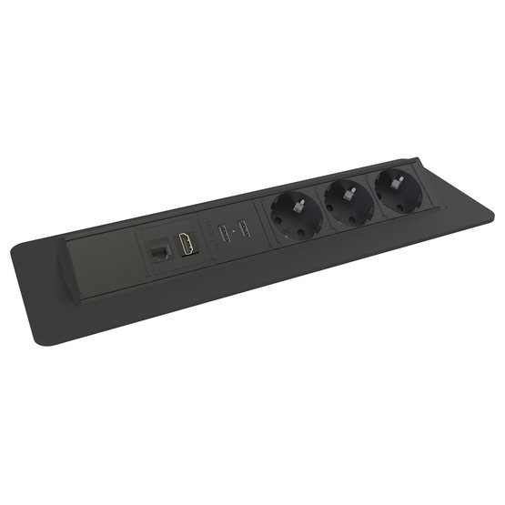 Axessline QuickBox HDMI inbouw stekkerdoos met 3x stroom 2x USB charger 1x Data en 1x HDMI Zwart