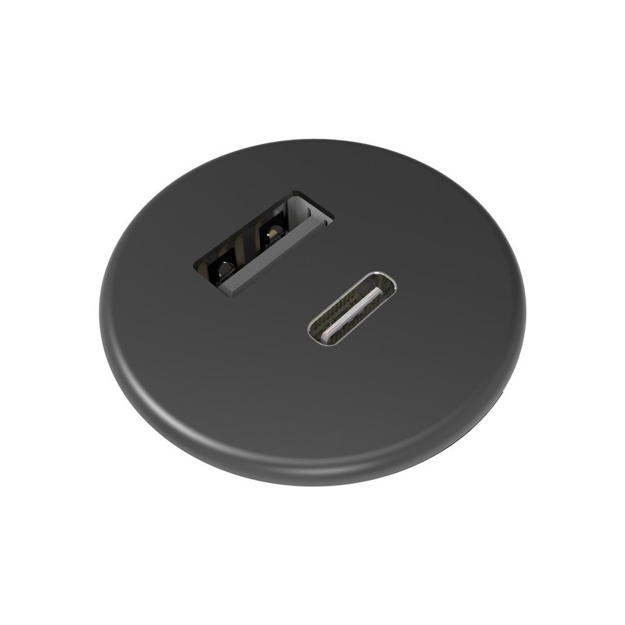 Powerdot Micro met 1x USB-A en 1x USB-C  Ø30 mm zwart