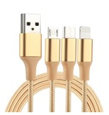 3 in 1 USB naar iPhone connector + USB-C + Micro USB oplader kabel Goud/Gold 1,2 meter