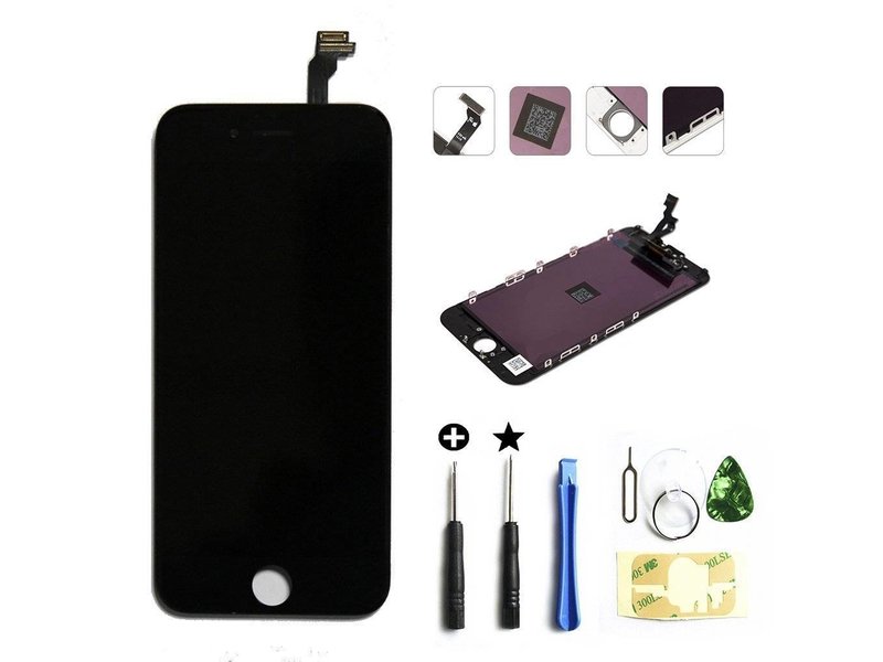 Compleet LCD/display/scherm voor Apple iPhone 6 zwart + toolkit + tempered glass screenprotector