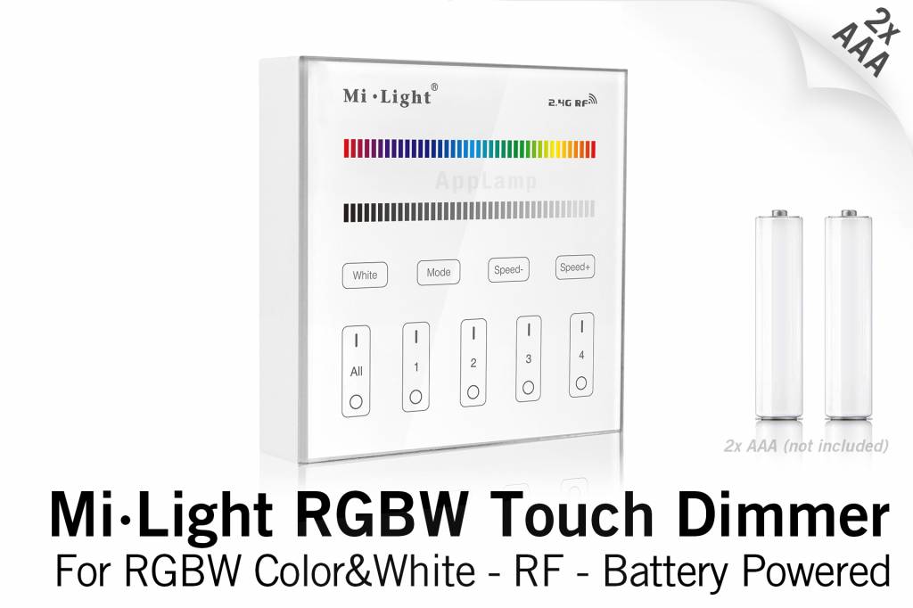 Mi·Light MiLight RGB / RGBW Touch Wandbediening Opbouw, 4-zones, RF, 2xAAA Batterij