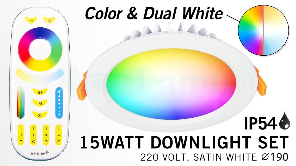 Wereldrecord Guinness Book applaus Geheim RGB kleur + Dual White 15 Watt LED Mi-Light IP54 Waterdichte inbouwspots,  complete 220V sets met remote *Nieuw* | AppLamp.nl