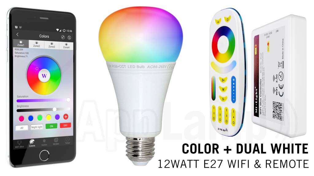 Mi·Light E27 RGB+Dual White 12 Watt LED lampen. Complete set met Wifi Box en Remote!