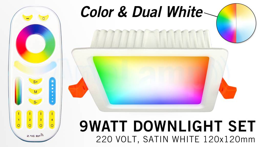 Mi·Light LED Inbouwspot met Afstandsbediening Mi-Light 9W RGBWW Kleur + Dual White 220V. Satijn Wit. Vierkant 120x120mm