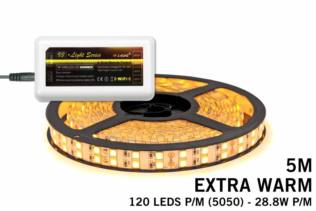 Mi·Light Extra Warm Wit Led Strip uitbreidingsset met controller en adapter | Dubbele rij 5m 120 Leds pm Type 5050 12V 28,8W pm IP65