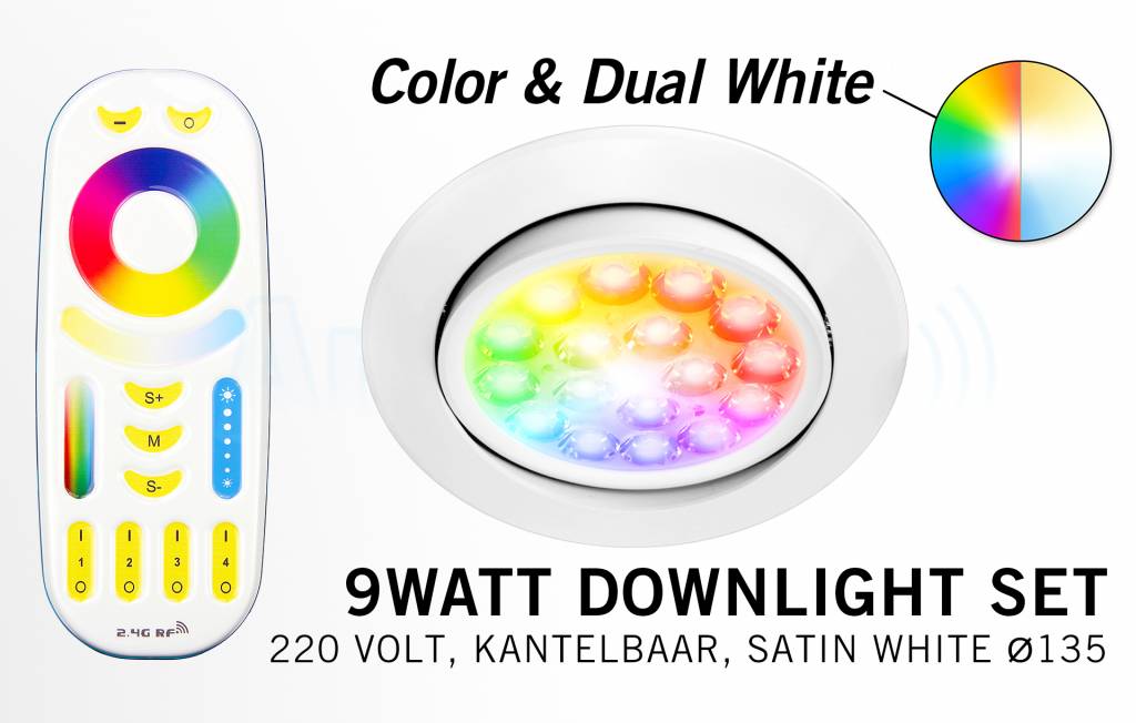 Mi·Light LED Inbouwspot met Afstandsbediening Mi-Light 9W RGBWW Kleur + Dual White 220V. 30° Kantelbaar. Satijn Wit