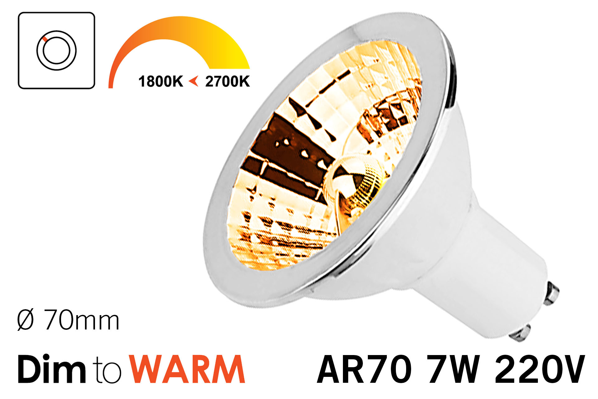 Dim2Warm 7W AR70 GU10 LED spot 2700K tot 1800K