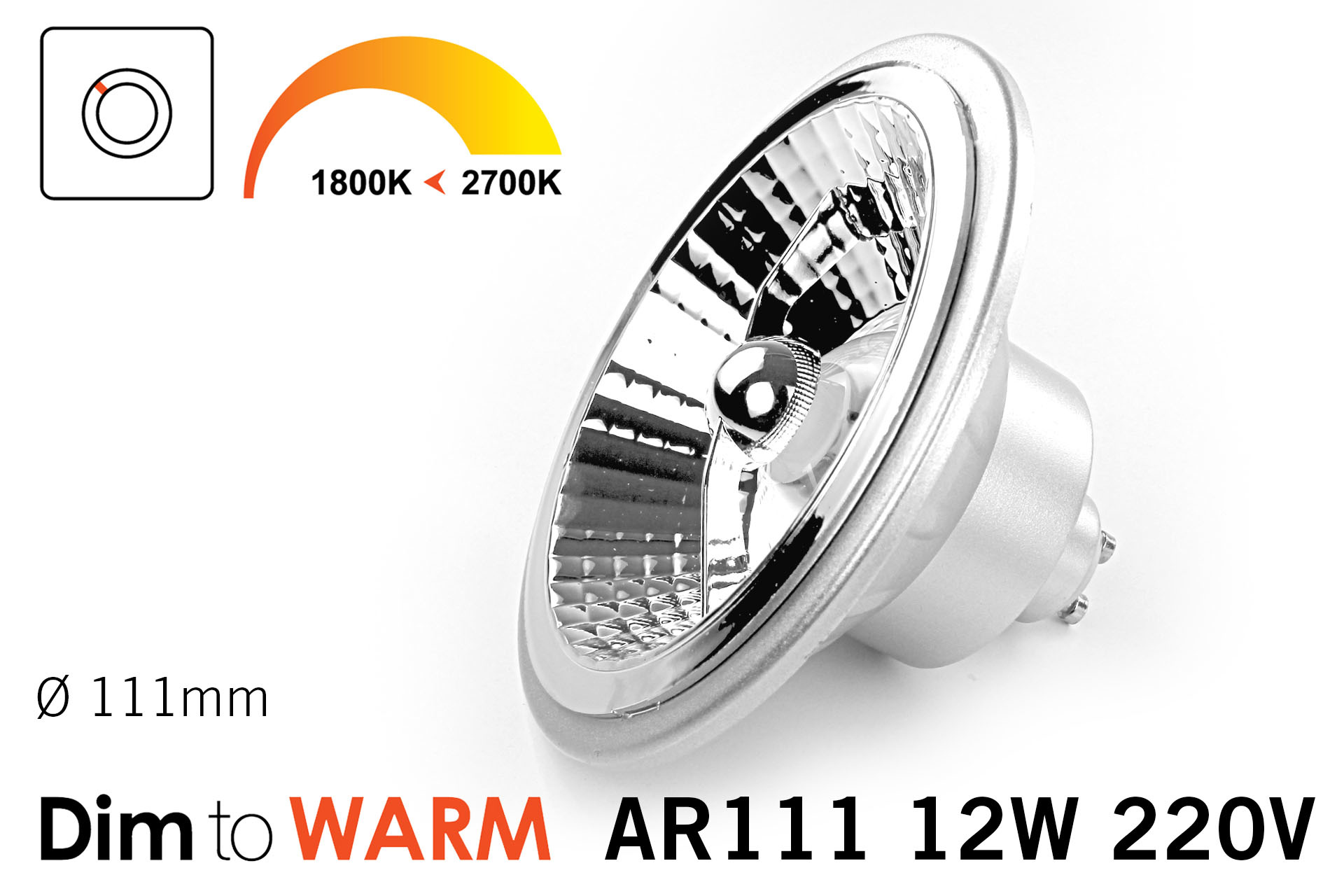 Dim2Warm 12W AR111 GU10 LED spot 2700K tot 1800K