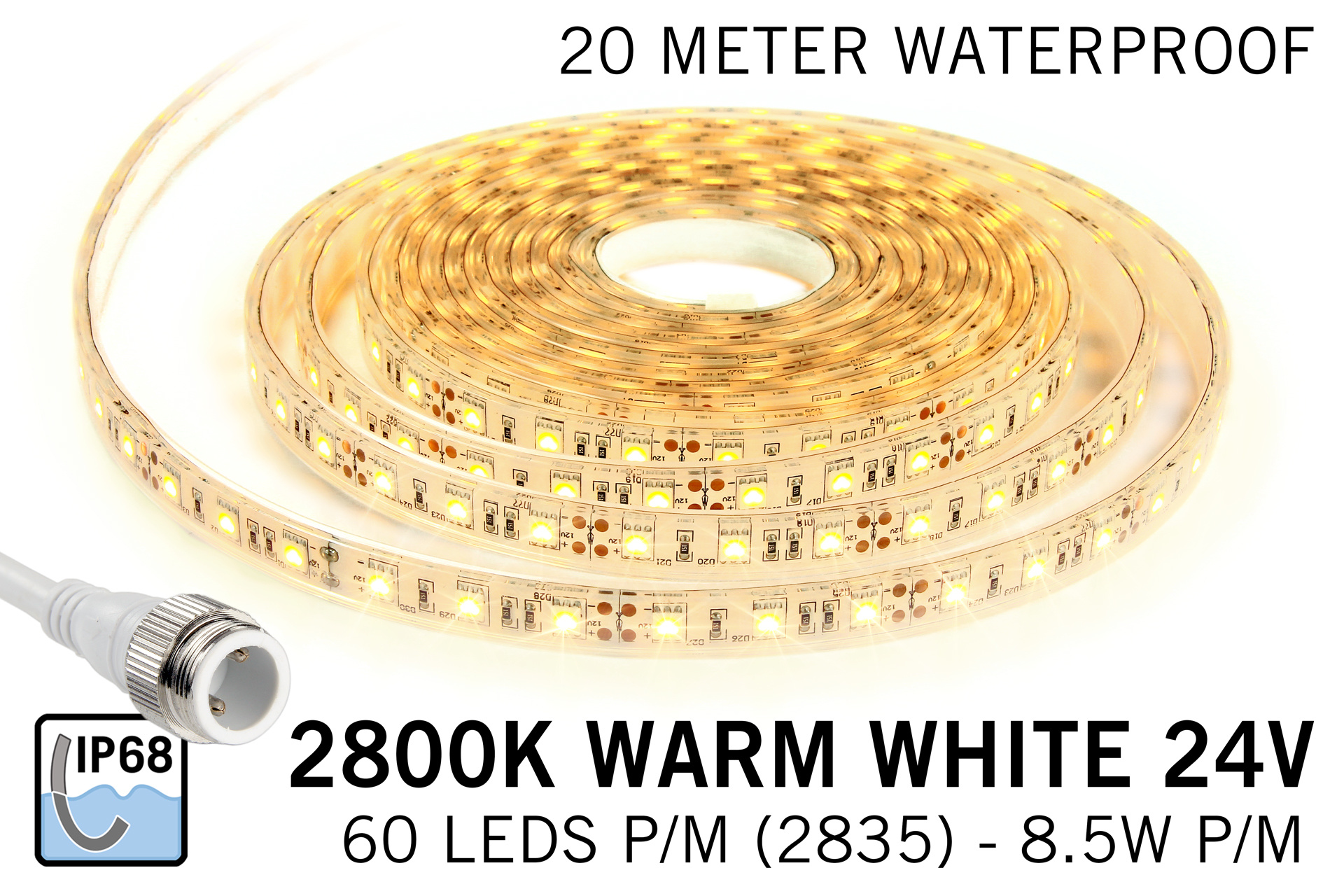 Warm Wit IP68 Waterdicht Led Strip | 20m 60 Leds pm Type 5050 Losse Strip