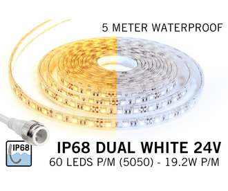 Dual White IP68 Waterdicht Led Strip | 5m 60 Leds pm Type 5050 Losse Strip