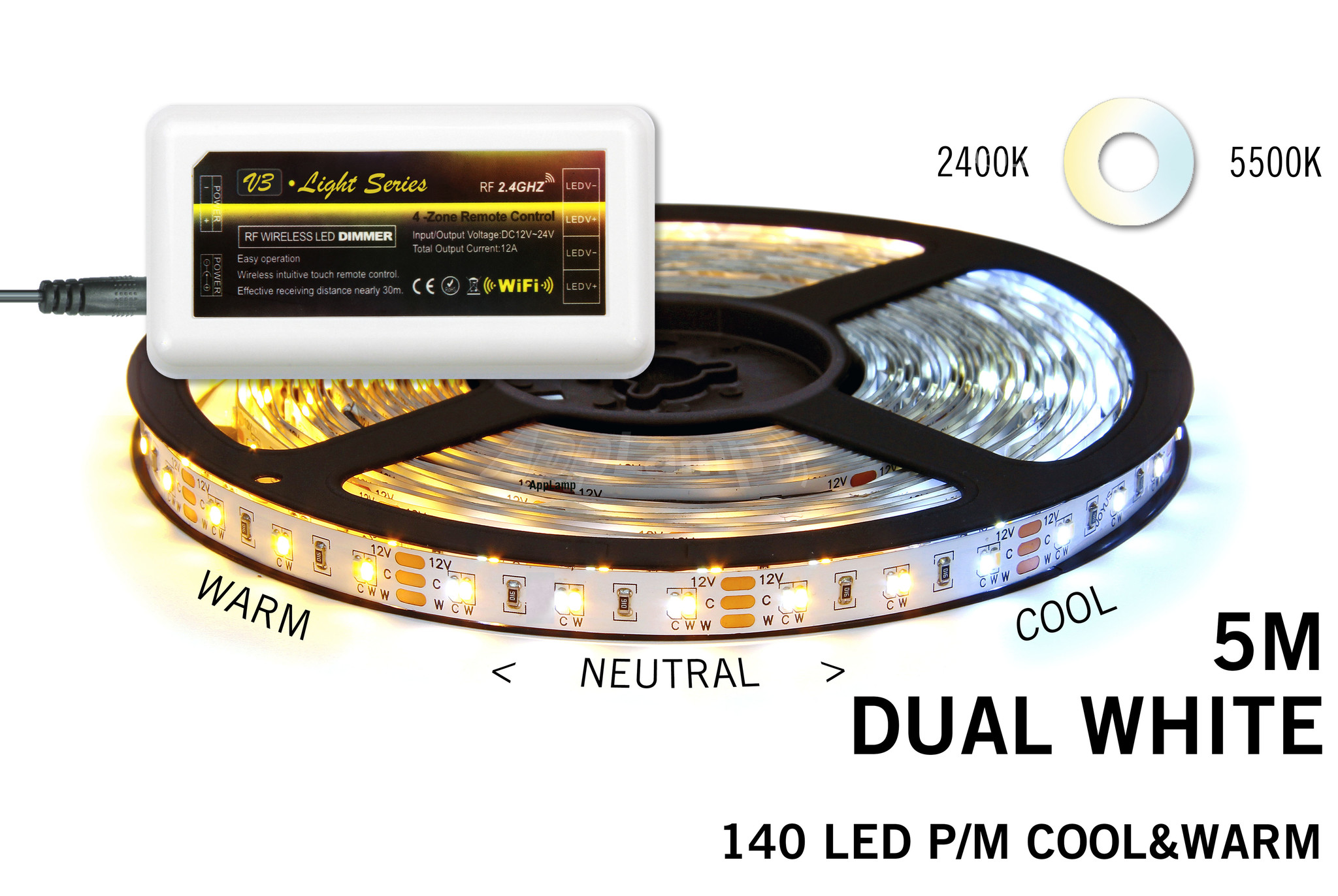 Mi·Light Dual White Led Strip | 120 Leds pm Type 2835 14,4W pm uitbreidingset