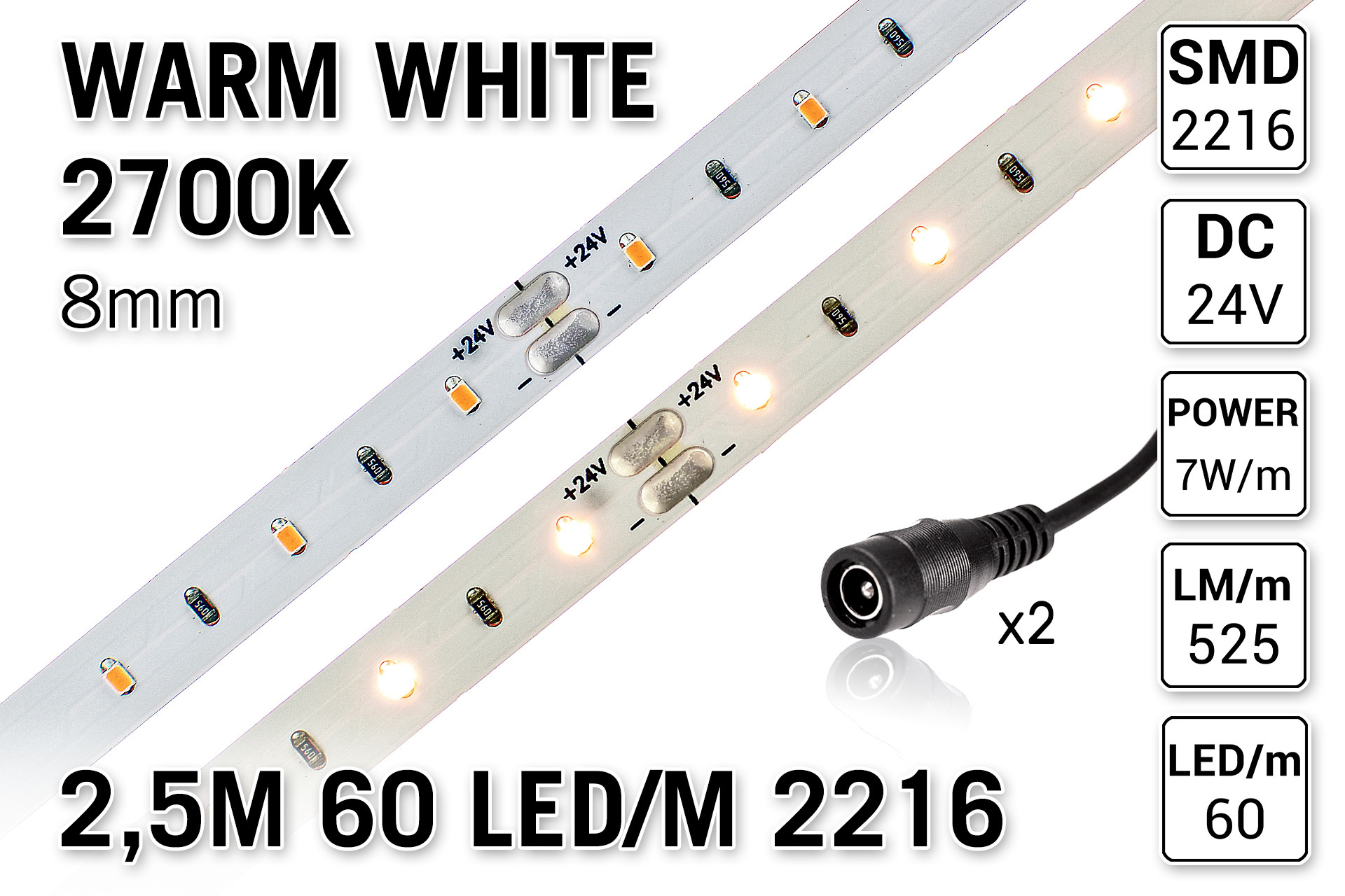 PRO LINE 2700K Warm Wit Led Strip | 2.5m 60 Leds pm Type 2216 24V Losse Strip