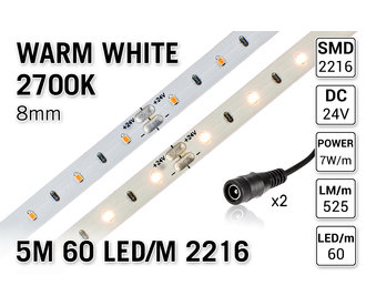 PRO LINE 2700K Warm Wit Led Strip | 5m 60 Leds pm Type 2216 24V Losse Strip